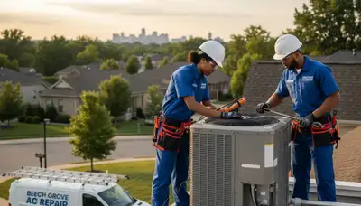 Professional AC repair technician servicing home HVAC unit in Indianapolis, IN