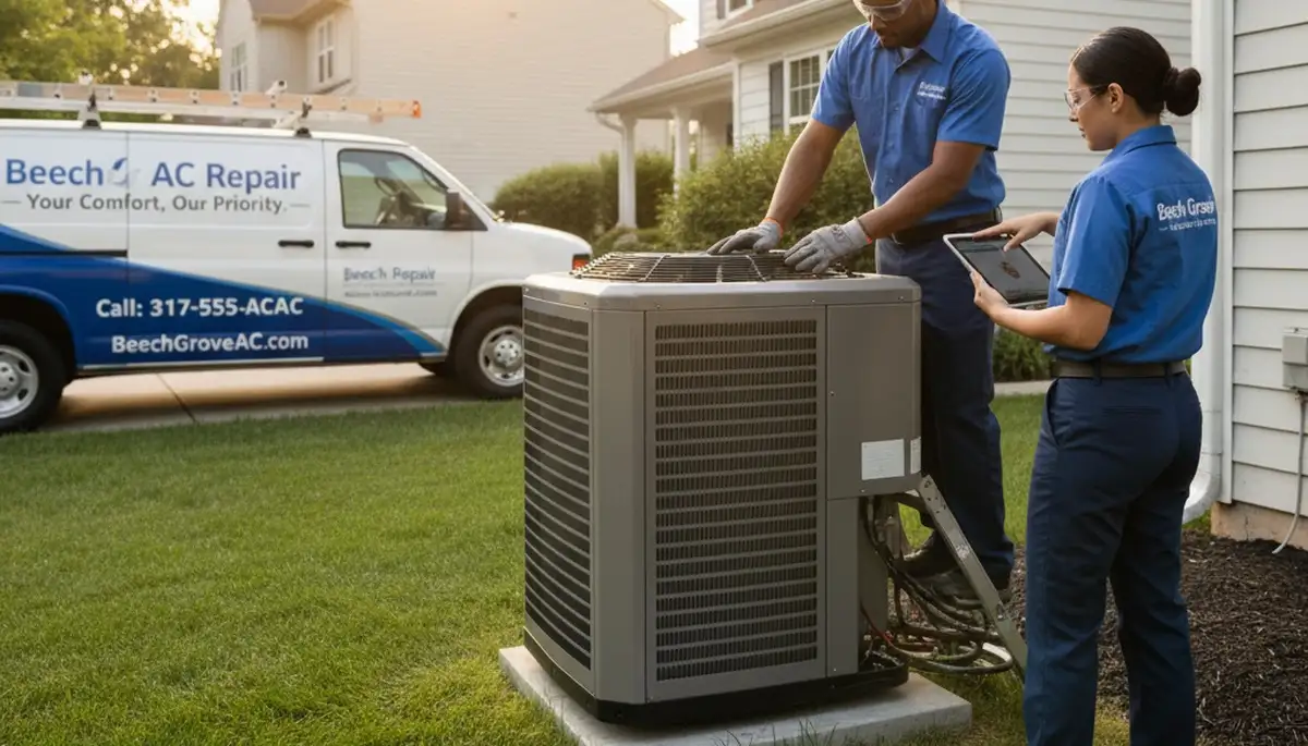 AC repair technician servicing air conditioner in Indianapolis IN home