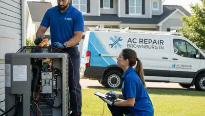 Professional AC repair technician servicing air conditioner in Indianapolis, IN home