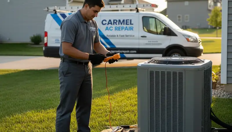 Professional AC repair technician servicing air conditioner unit in Indianapolis, IN