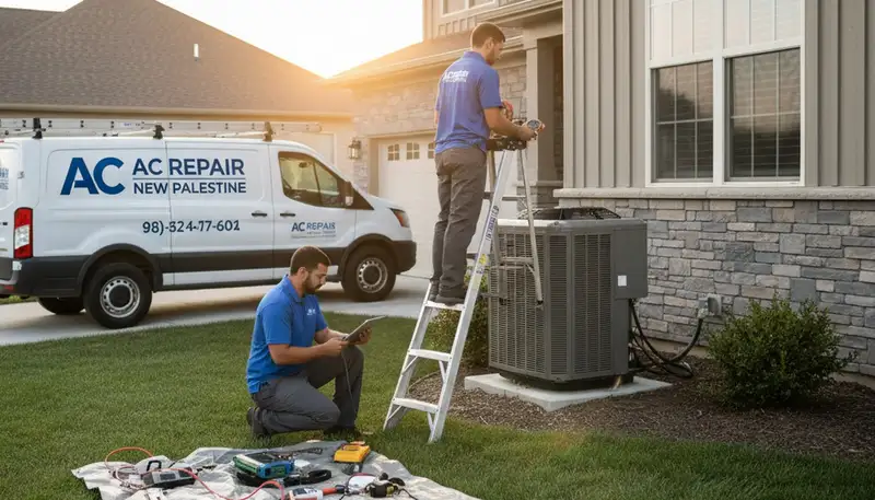 Professional AC repair technician servicing air conditioner in Indianapolis IN home