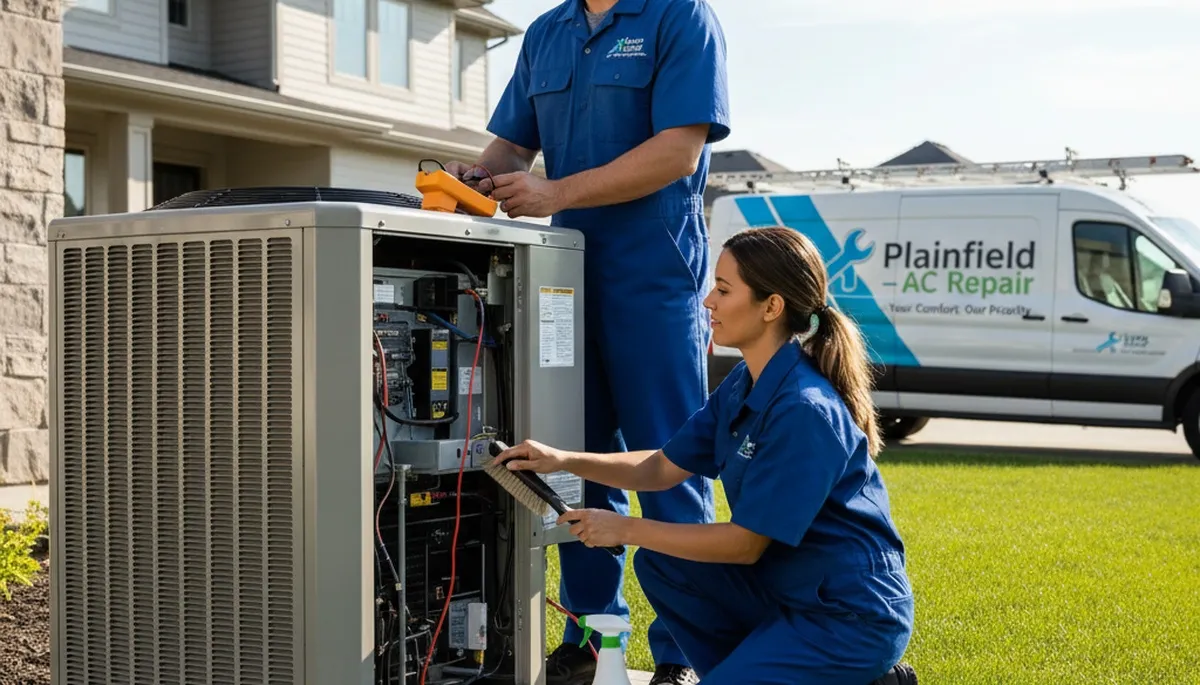 Professional AC repair technician servicing air conditioner in Indianapolis IN garage