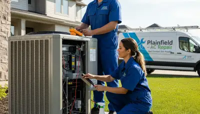 Professional AC repair technician servicing air conditioner in Indianapolis IN garage