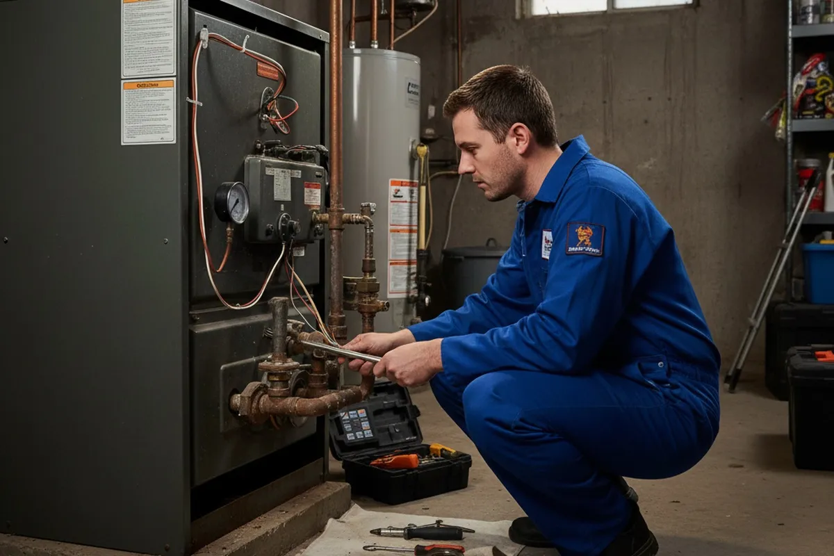 Technician performing expert boiler repair at Indianapolis home | Five Star Cooling heating service