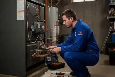 Technician performing expert boiler repair at Indianapolis home | Five Star Cooling heating service