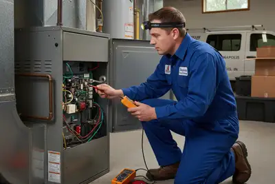 Technician performing furnace repair at Indianapolis home for Five Star Cooling heating service