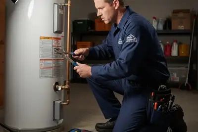 Technician performing water heater repair at Indianapolis home | Five Star Cooling AC repair experts
