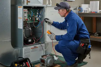 Technician repairing residential furnace system in Indianapolis IN for professional heating service