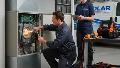 Technician performing furnace repair service in Indianapolis IN home for Five Star Cooling