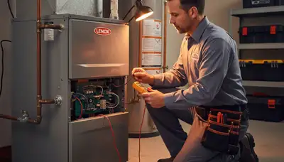 Technician performing heating repair on furnace in Indianapolis IN home by Five Star Cooling