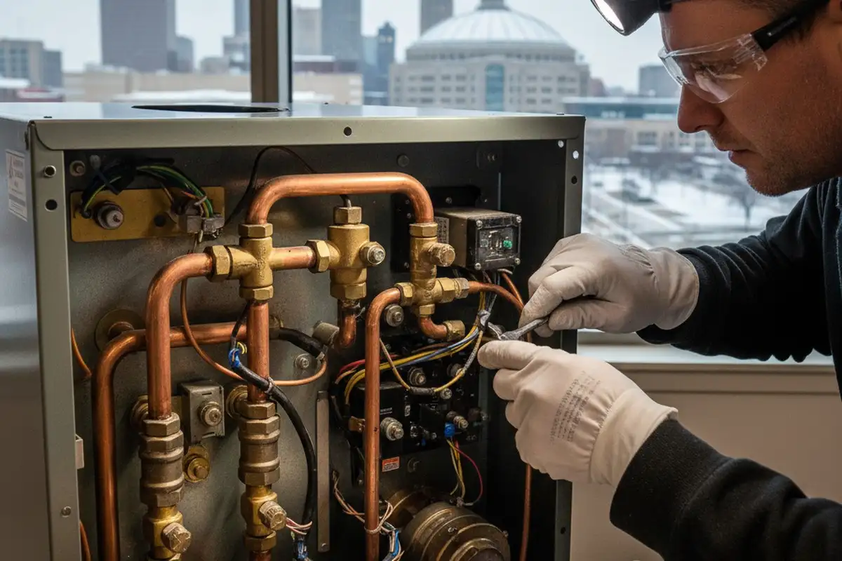 Technician performing precision boiler repair on heating components in Indianapolis, IN