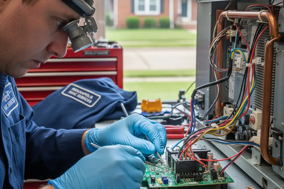 Technician performing precision AC component repair at Indianapolis home for Five Star Cooling