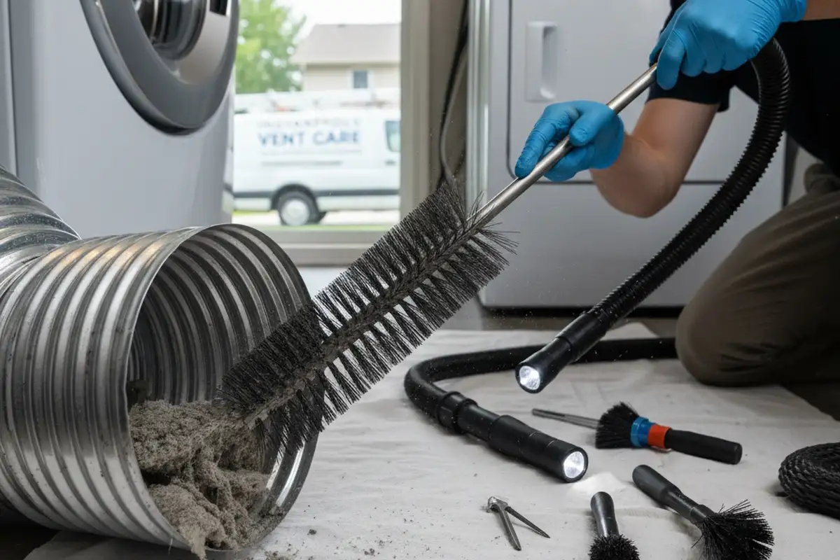 Technician performing precision dryer vent cleaning at home in Indianapolis IN for AC repair service