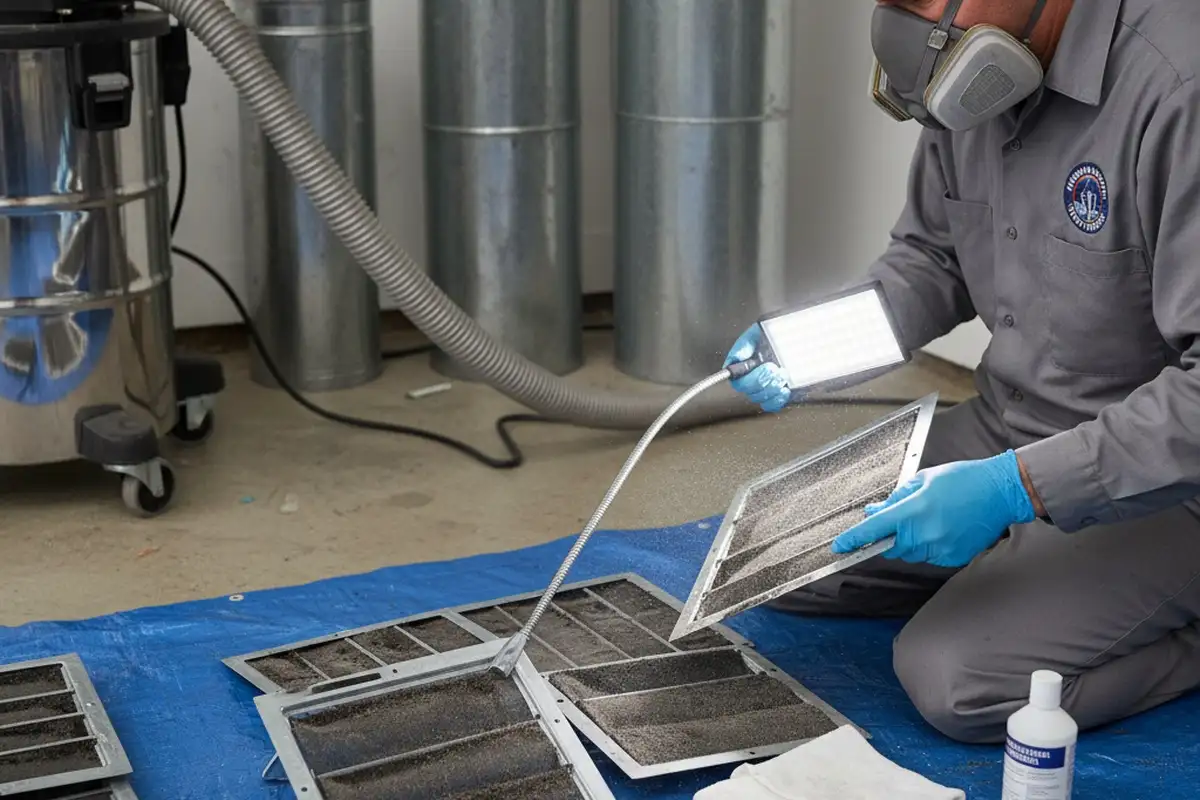 Technician performing detailed air duct cleaning and vent maintenance in Indianapolis, IN home