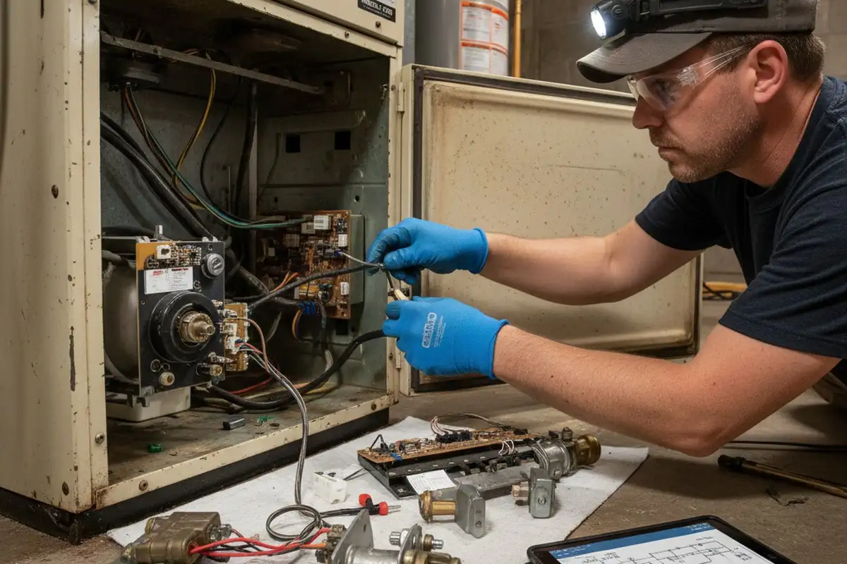 Technician performing detailed furnace component repair at Indianapolis, IN home for Five Star Cooling