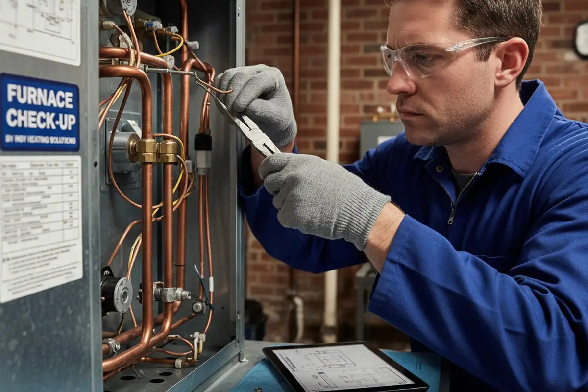 Technician performing precise furnace repair on heating components in Indianapolis, IN