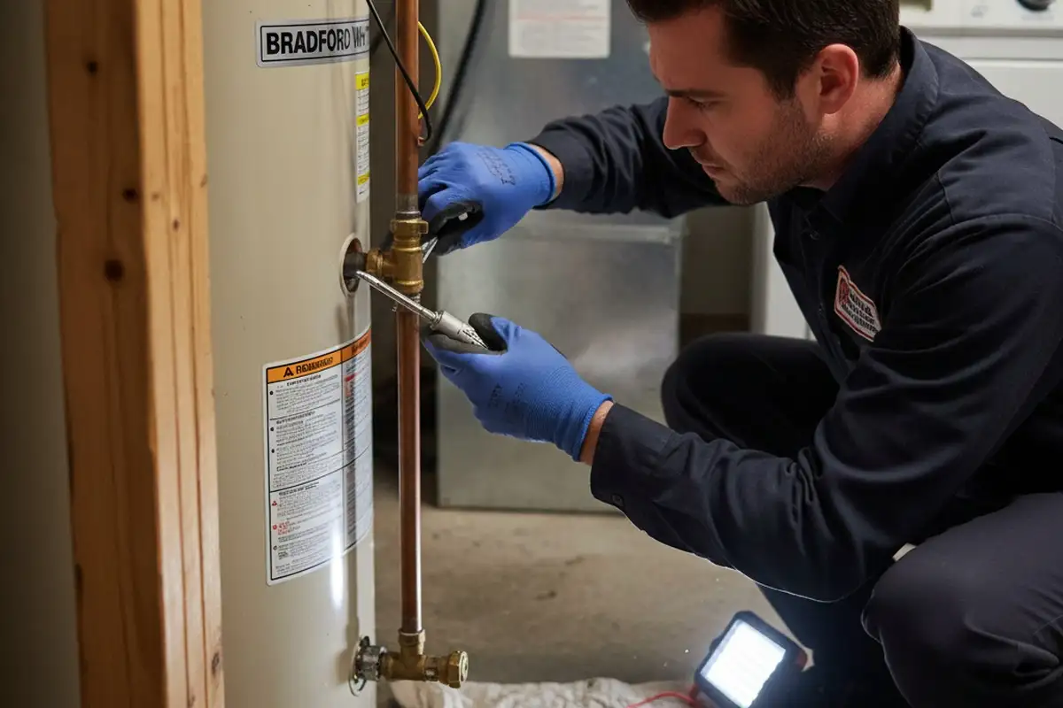 Technician performing precise water heater repair at Indianapolis home for Five Star Cooling service