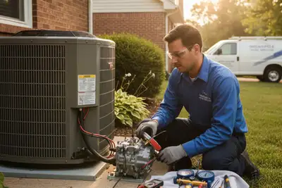 Technician performing professional AC repair service at residential property in Indianapolis, IN