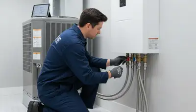 Technician repairing residential water heater in Indianapolis IN for Five Star Cooling service page
